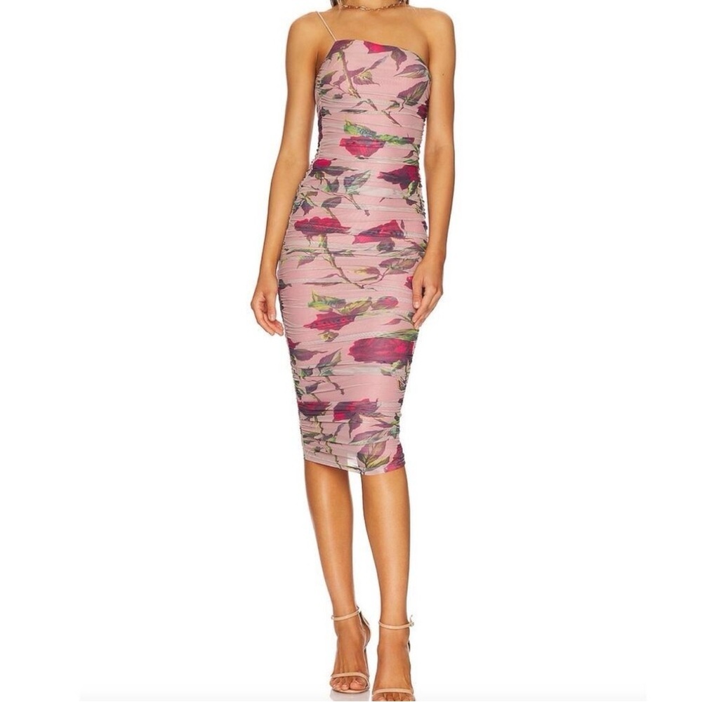 NWT Revolve More To Come Justine Ruched Midi Dress in Pink Multi Size Small
